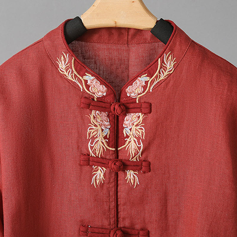 Embroidered Floral Cotton-Blend Long Sleeve Stand-Collar Meditation Shirt