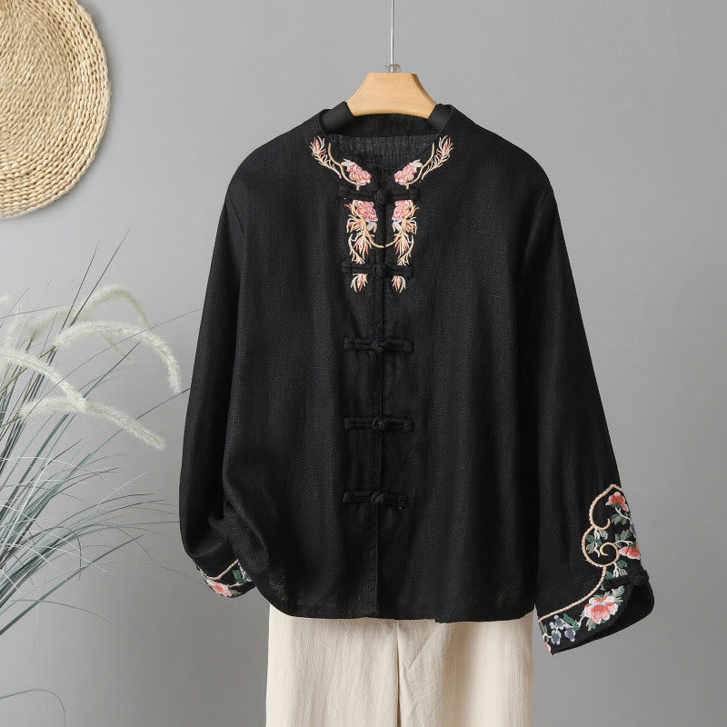 Embroidered Floral Cotton-Blend Long Sleeve Stand-Collar Meditation Shirt