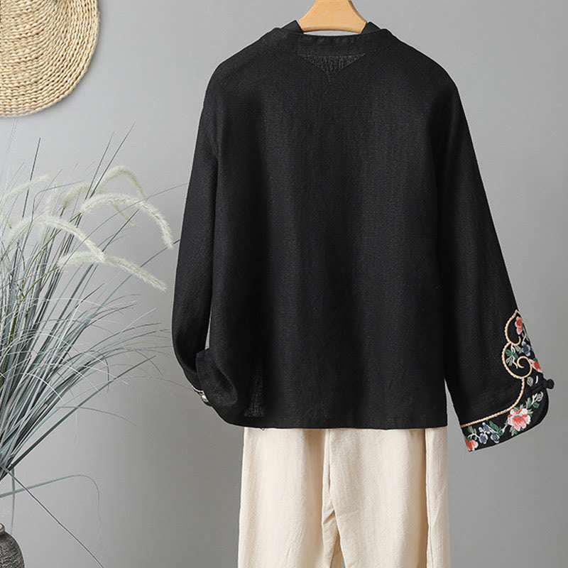 Embroidered Floral Cotton-Blend Long Sleeve Stand-Collar Meditation Shirt