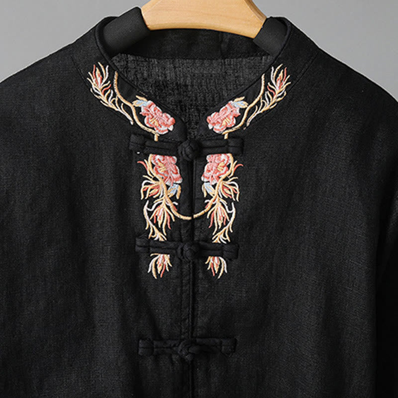 Embroidered Floral Cotton-Blend Long Sleeve Stand-Collar Meditation Shirt