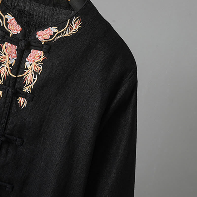 Embroidered Floral Cotton-Blend Long Sleeve Stand-Collar Meditation Shirt