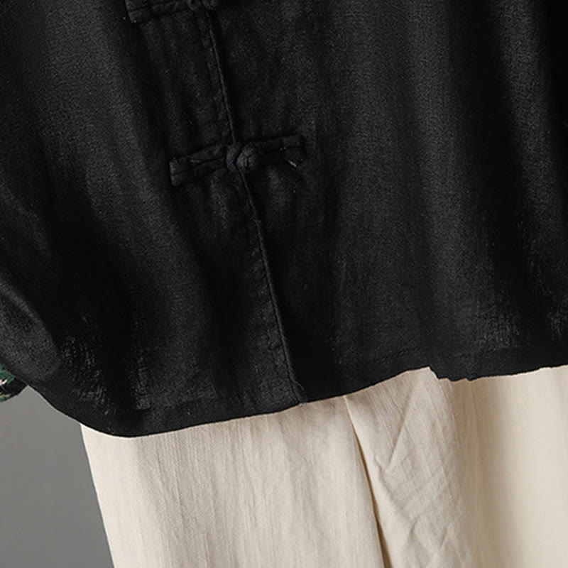 Embroidered Floral Cotton-Blend Long Sleeve Stand-Collar Meditation Shirt