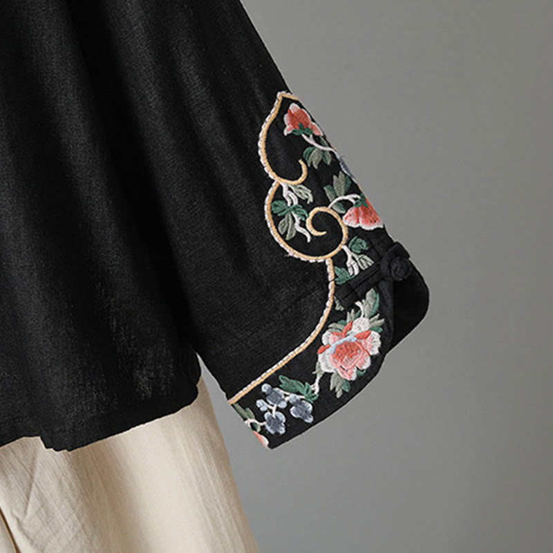 Embroidered Floral Cotton-Blend Long Sleeve Stand-Collar Meditation Shirt