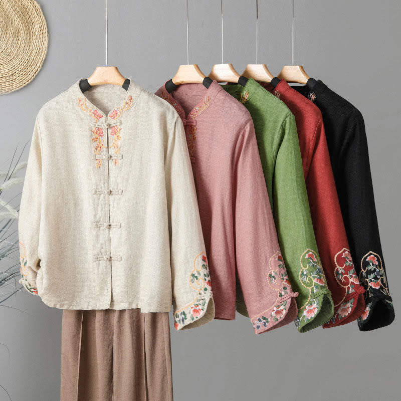 Embroidered Floral Cotton-Blend Long Sleeve Stand-Collar Meditation Shirt