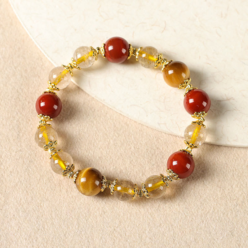 Natural Gold Rutilated Quartz Tiger Eye and Red Agate Beaded Energy Bracelet