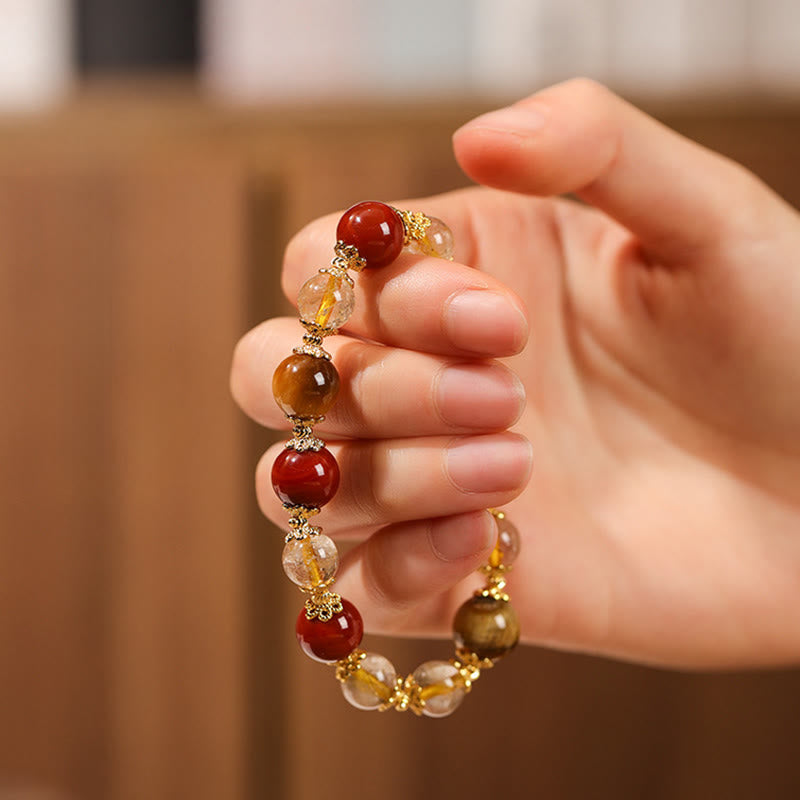 Natural Gold Rutilated Quartz Tiger Eye and Red Agate Beaded Energy Bracelet