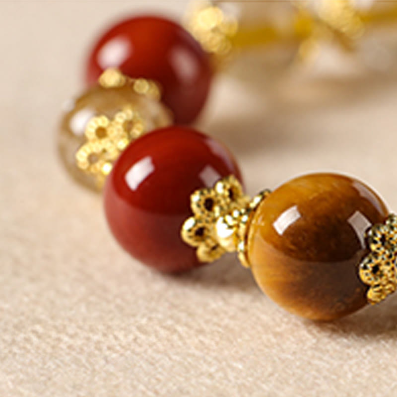 Natural Gold Rutilated Quartz Tiger Eye and Red Agate Beaded Energy Bracelet