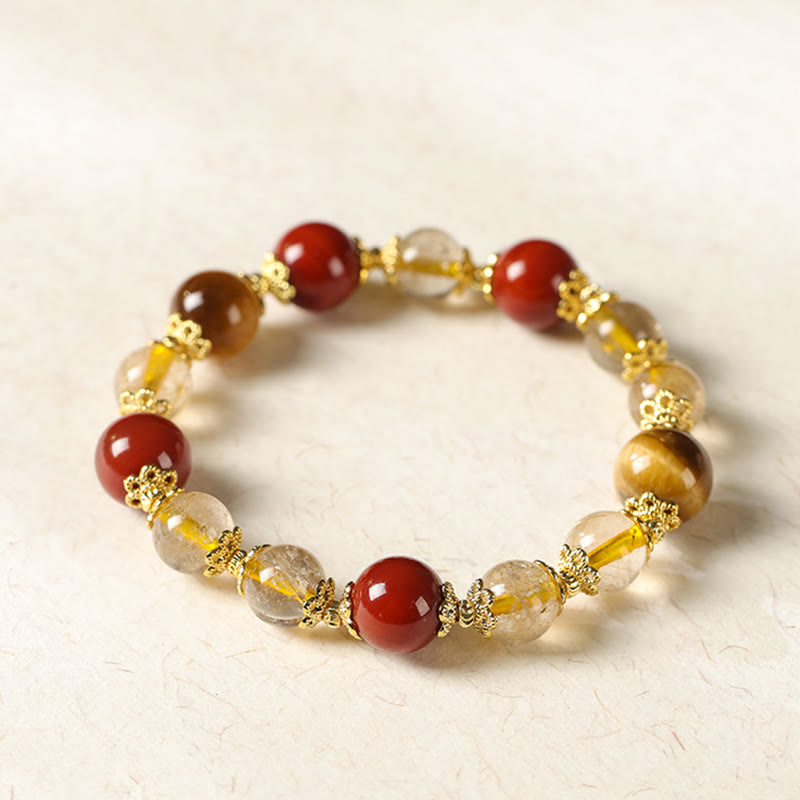 Natural Gold Rutilated Quartz Tiger Eye and Red Agate Beaded Energy Bracelet