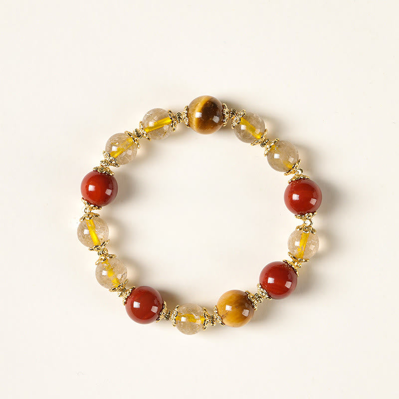 Natural Gold Rutilated Quartz Tiger Eye and Red Agate Beaded Energy Bracelet