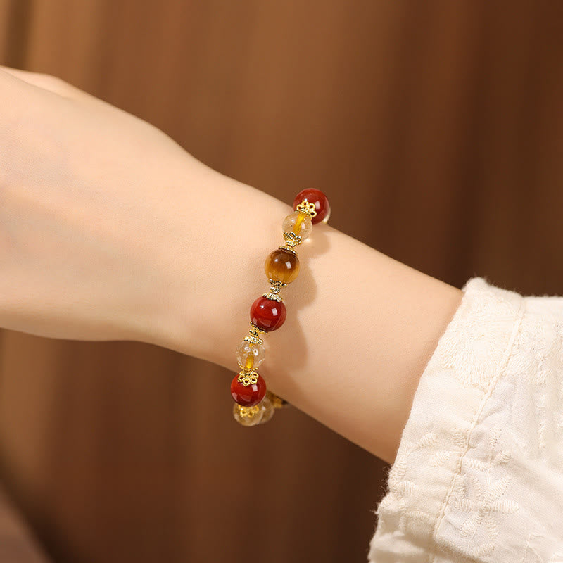 Natural Gold Rutilated Quartz Tiger Eye and Red Agate Beaded Energy Bracelet