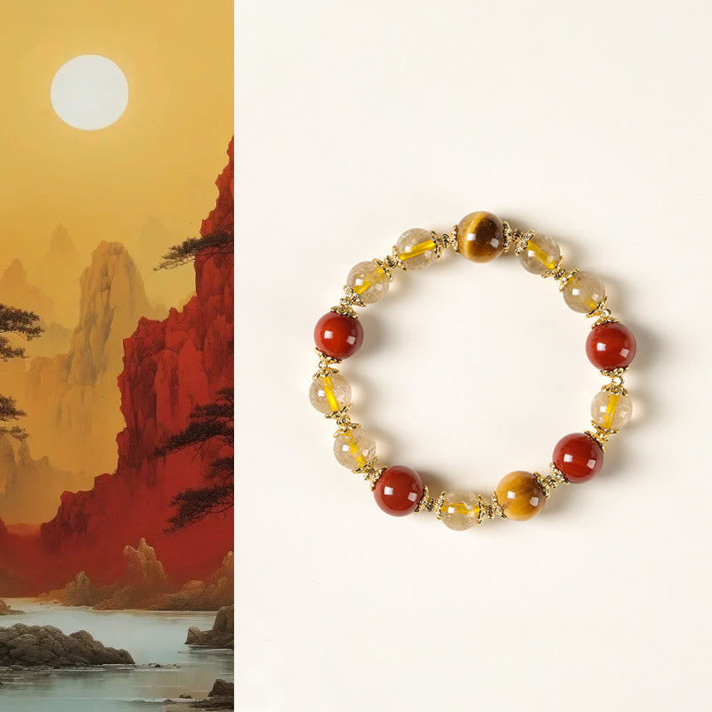 Natural Gold Rutilated Quartz Tiger Eye and Red Agate Beaded Energy Bracelet
