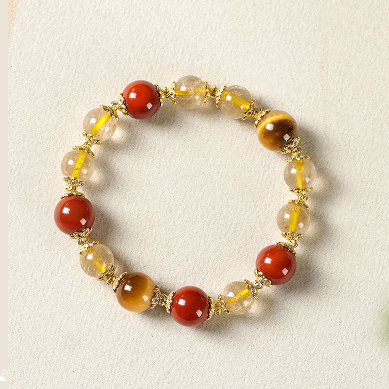 Natural Gold Rutilated Quartz Tiger Eye and Red Agate Beaded Energy Bracelet