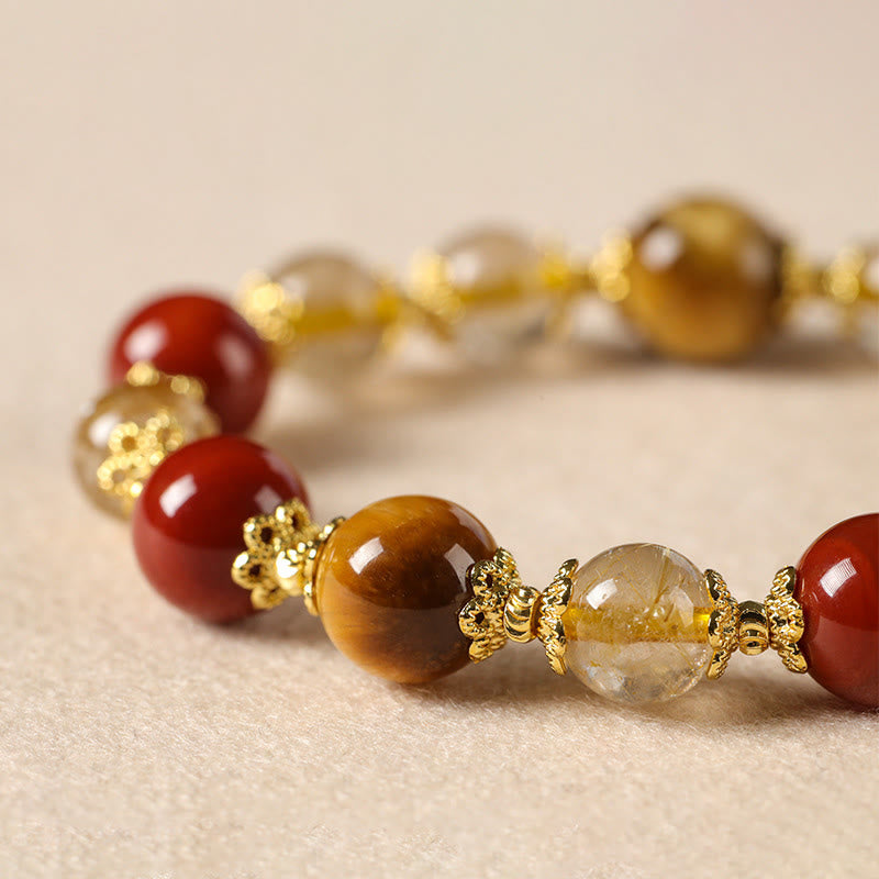 Natural Gold Rutilated Quartz Tiger Eye and Red Agate Beaded Energy Bracelet