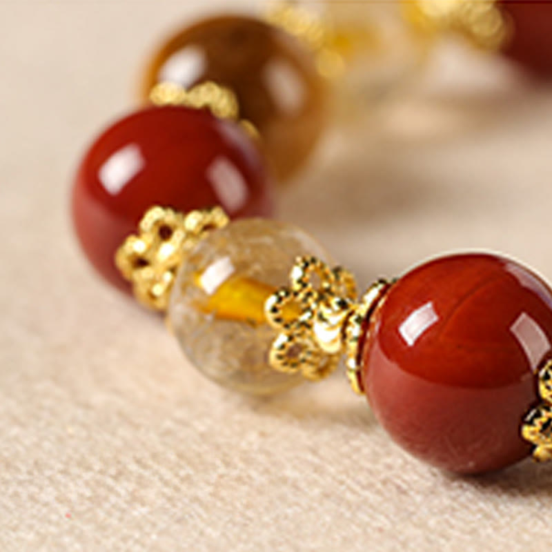Natural Gold Rutilated Quartz Tiger Eye and Red Agate Beaded Energy Bracelet