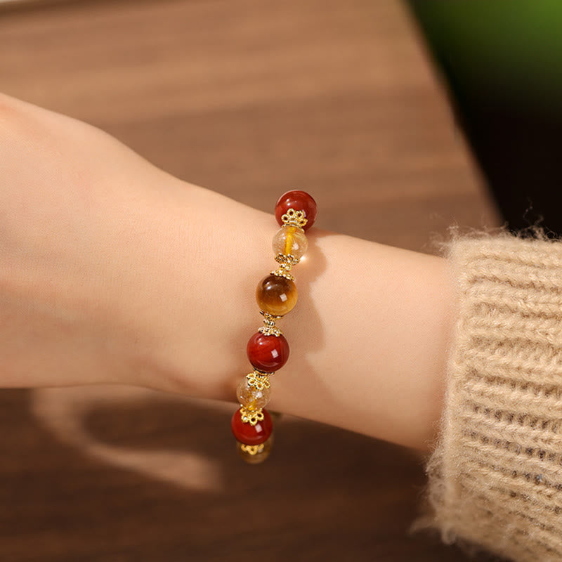 Natural Gold Rutilated Quartz Tiger Eye and Red Agate Beaded Energy Bracelet