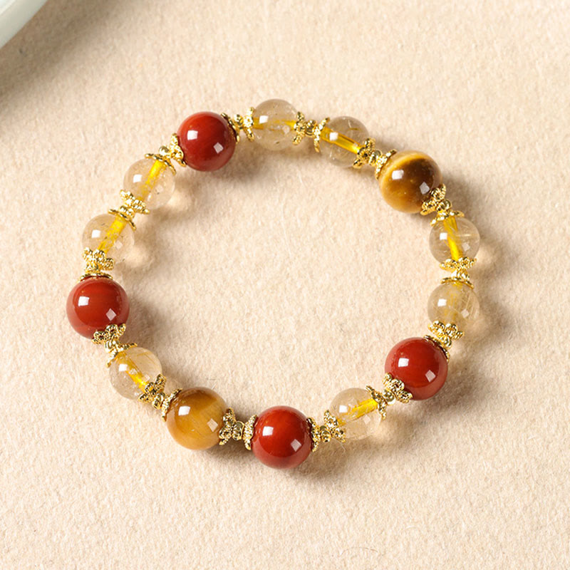 Natural Gold Rutilated Quartz Tiger Eye and Red Agate Beaded Energy Bracelet