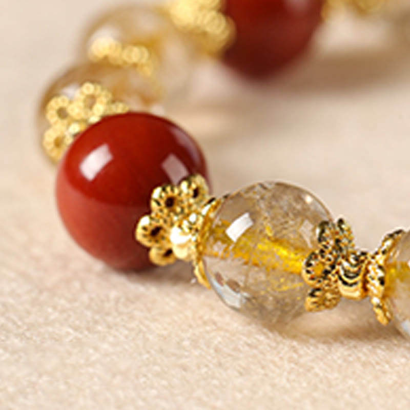 Natural Gold Rutilated Quartz Tiger Eye and Red Agate Beaded Energy Bracelet
