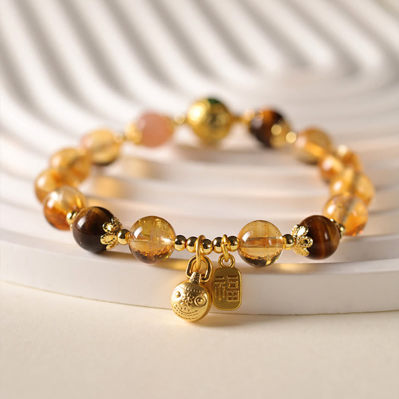 Natural Citrine and Tiger Eye Beaded Bracelet with Sunstone, Copper Pixiu and Fu Symbol