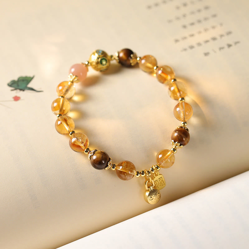 Natural Citrine and Tiger Eye Beaded Bracelet with Sunstone, Copper Pixiu and Fu Symbol