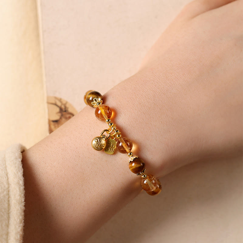 Natural Citrine and Tiger Eye Beaded Bracelet with Sunstone, Copper Pixiu and Fu Symbol