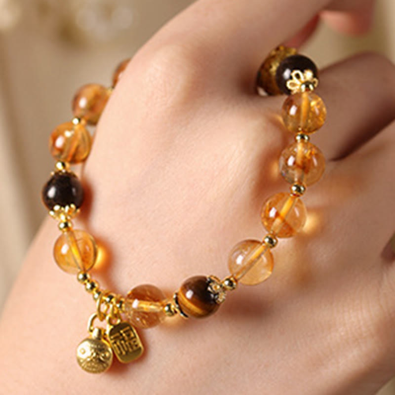 Natural Citrine and Tiger Eye Beaded Bracelet with Sunstone, Copper Pixiu and Fu Symbol