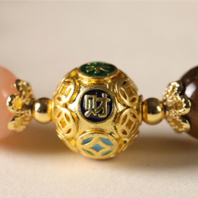 Natural Citrine and Tiger Eye Beaded Bracelet with Sunstone, Copper Pixiu and Fu Symbol