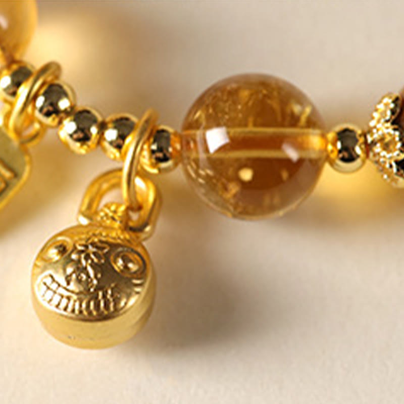 Natural Citrine and Tiger Eye Beaded Bracelet with Sunstone, Copper Pixiu and Fu Symbol