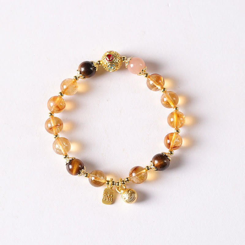 Natural Citrine and Tiger Eye Beaded Bracelet with Sunstone, Copper Pixiu and Fu Symbol