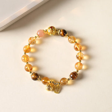 Natural Citrine and Tiger Eye Beaded Bracelet with Sunstone, Copper Pixiu and Fu Symbol