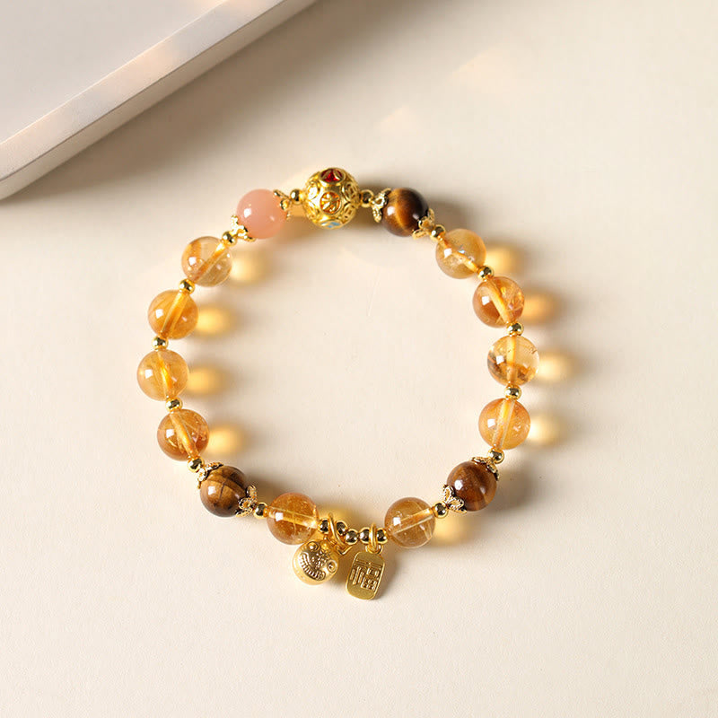 Natural Citrine and Tiger Eye Beaded Bracelet with Sunstone, Copper Pixiu and Fu Symbol