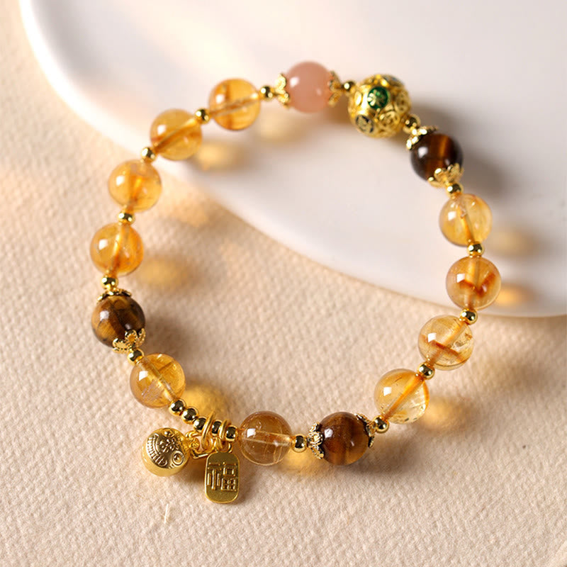 Natural Citrine and Tiger Eye Beaded Bracelet with Sunstone, Copper Pixiu and Fu Symbol