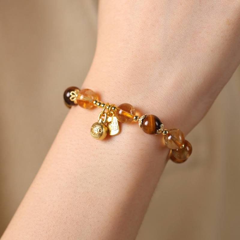 Natural Citrine and Tiger Eye Beaded Bracelet with Sunstone, Copper Pixiu and Fu Symbol