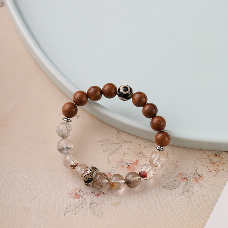 Lightning Struck Jujube Wood & Red Phantom Quartz Bracelet: Yin Yang, Dzi Bead & Bagua with Sterling Silver