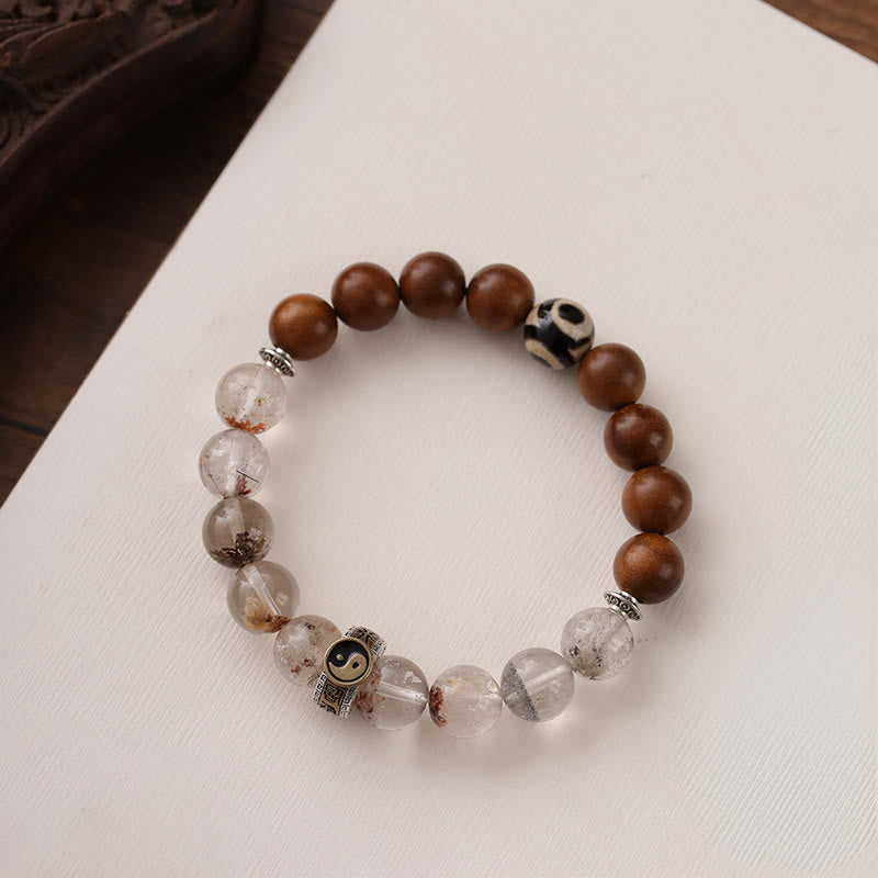Lightning Struck Jujube Wood & Red Phantom Quartz Bracelet: Yin Yang, Dzi Bead & Bagua with Sterling Silver