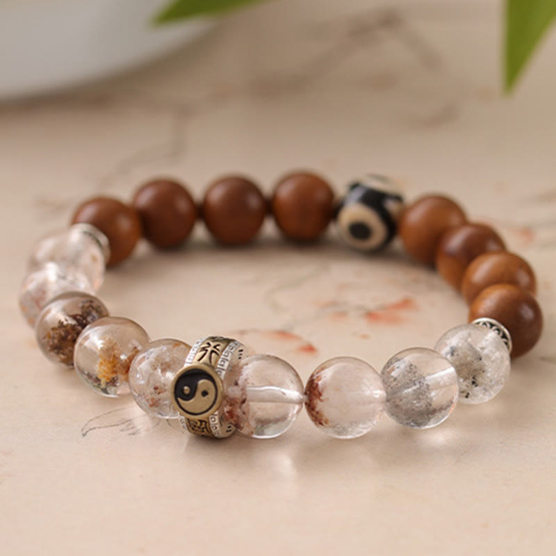 Lightning Struck Jujube Wood & Red Phantom Quartz Bracelet: Yin Yang, Dzi Bead & Bagua with Sterling Silver