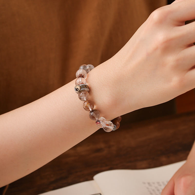 Lightning Struck Jujube Wood & Red Phantom Quartz Bracelet: Yin Yang, Dzi Bead & Bagua with Sterling Silver