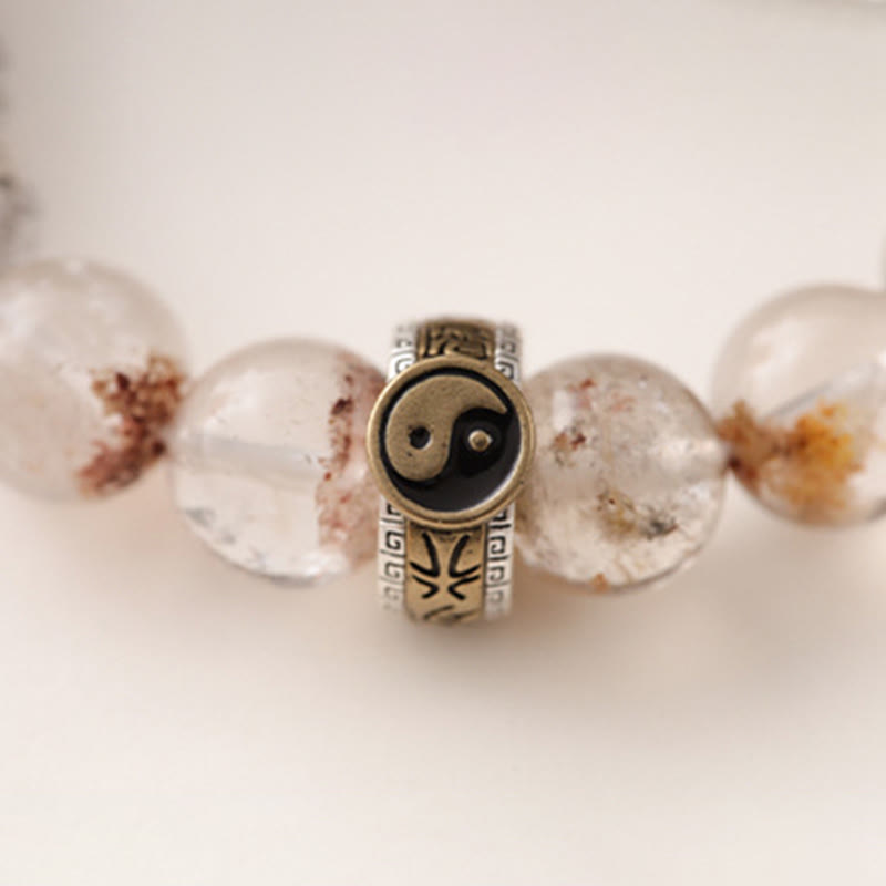 Lightning Struck Jujube Wood & Red Phantom Quartz Bracelet: Yin Yang, Dzi Bead & Bagua with Sterling Silver