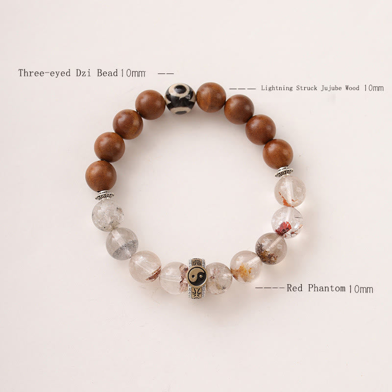 Lightning Struck Jujube Wood & Red Phantom Quartz Bracelet: Yin Yang, Dzi Bead & Bagua with Sterling Silver