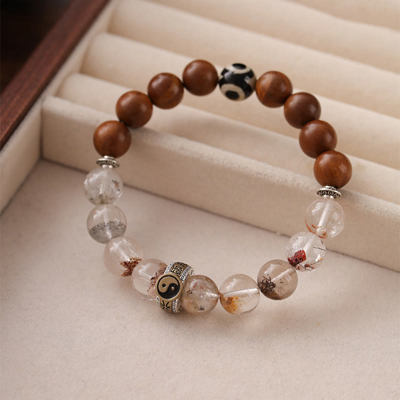 Lightning Struck Jujube Wood & Red Phantom Quartz Bracelet: Yin Yang, Dzi Bead & Bagua with Sterling Silver