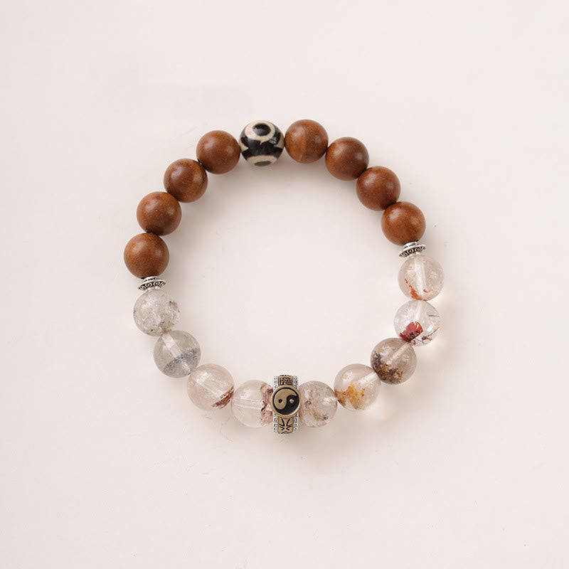 Lightning Struck Jujube Wood & Red Phantom Quartz Bracelet: Yin Yang, Dzi Bead & Bagua with Sterling Silver