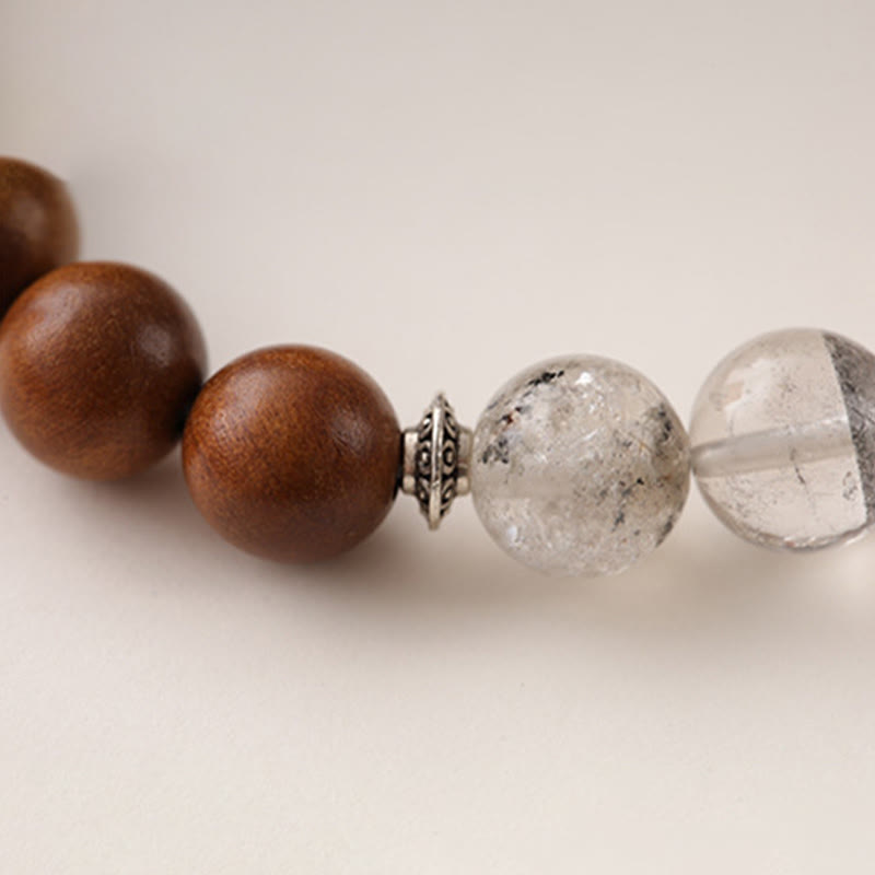Lightning Struck Jujube Wood & Red Phantom Quartz Bracelet: Yin Yang, Dzi Bead & Bagua with Sterling Silver