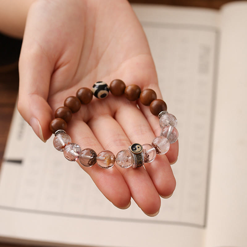 Lightning Struck Jujube Wood & Red Phantom Quartz Bracelet: Yin Yang, Dzi Bead & Bagua with Sterling Silver