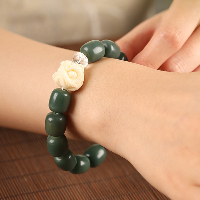 Bodhi Seed Om Mani Padme Hum Bracelet with Amber, Clear Quartz & Copper Lion Head