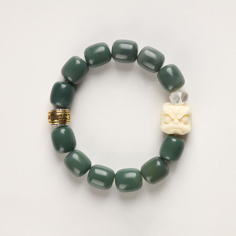 Bodhi Seed Om Mani Padme Hum Bracelet with Amber, Clear Quartz & Copper Lion Head