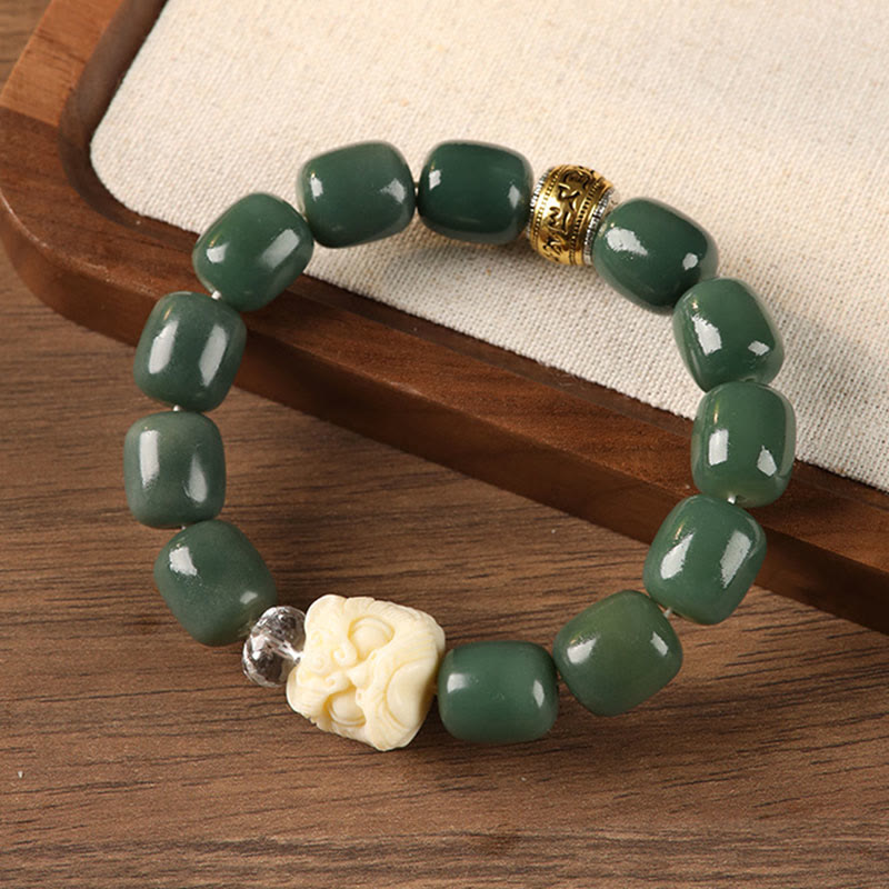 Bodhi Seed Om Mani Padme Hum Bracelet with Amber, Clear Quartz & Copper Lion Head