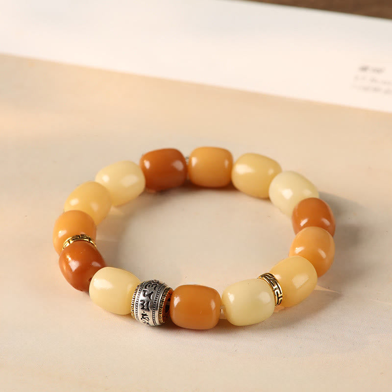 Bodhi Seed Om Mani Padme Hum Bracelet with Amber, Clear Quartz & Copper Lion Head