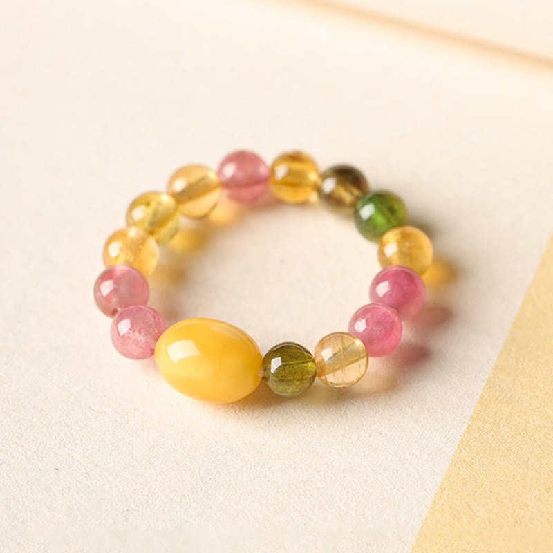 Natural Tourmaline and Pixiu Adjustable Gemstone Ring for Emotional Balance