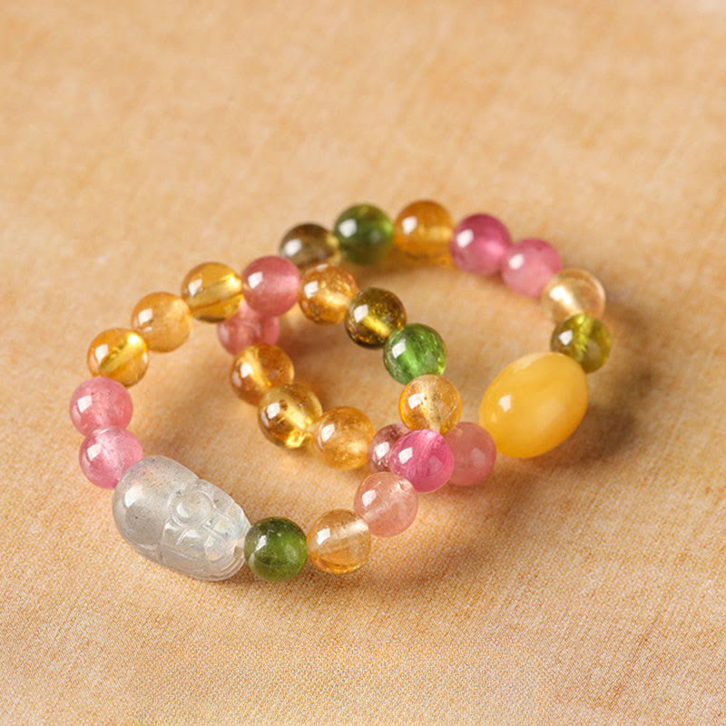 Natural Tourmaline and Pixiu Adjustable Gemstone Ring for Emotional Balance