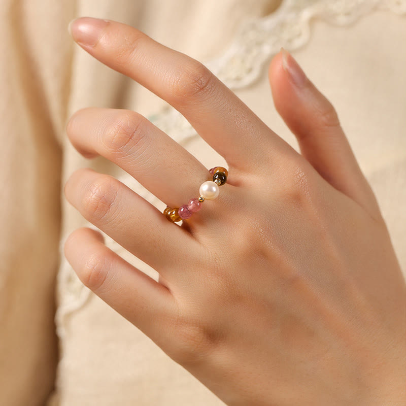 Natural Tourmaline and Pixiu Adjustable Gemstone Ring for Emotional Balance