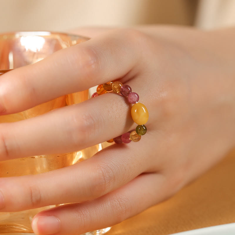 Natural Tourmaline and Pixiu Adjustable Gemstone Ring for Emotional Balance